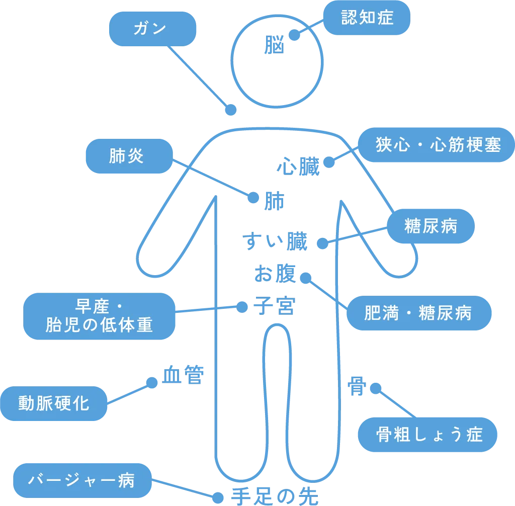 全身と各部位に与える疾患のイラスト