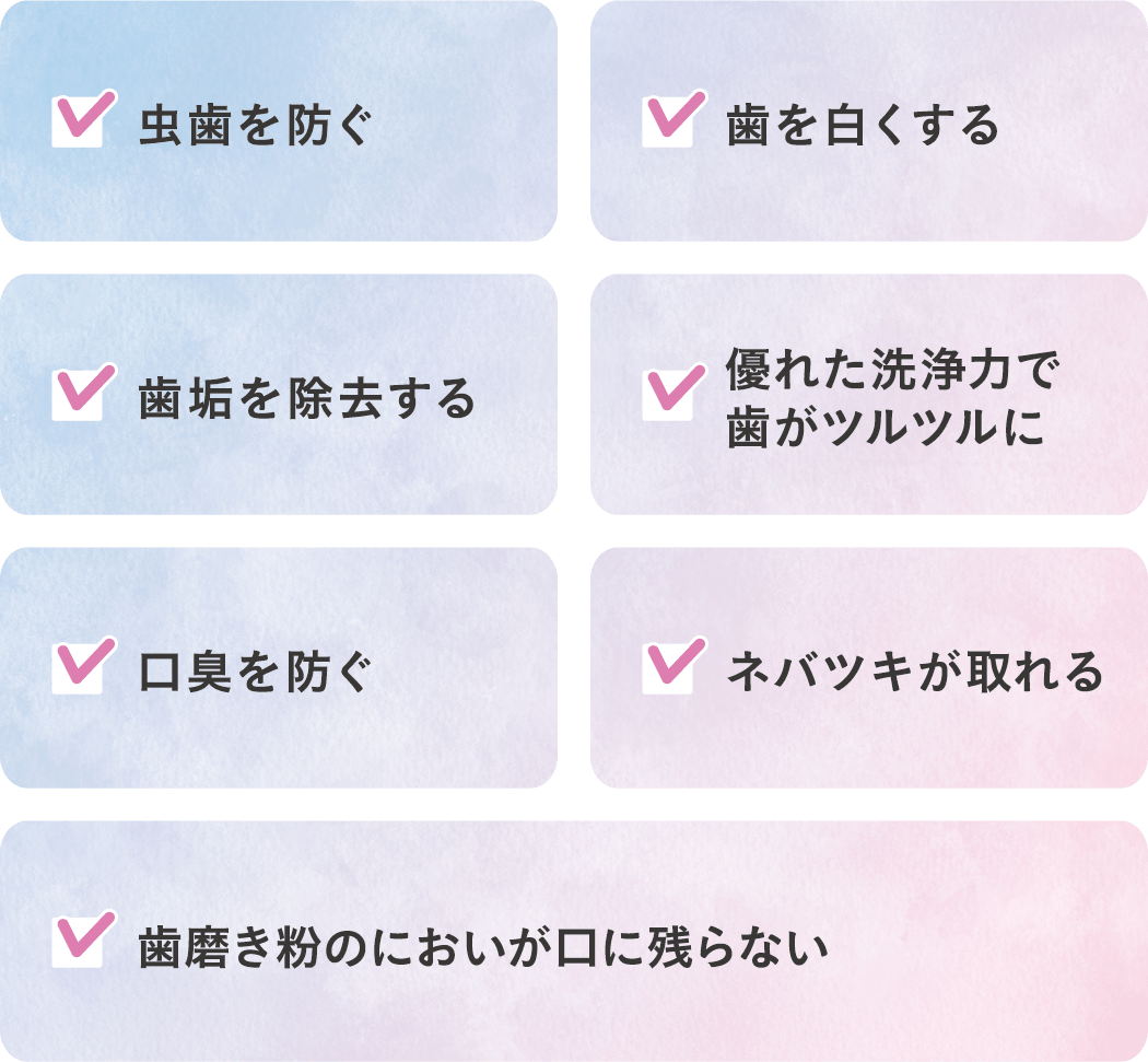 虫歯を防ぐ、歯を白くする、歯垢を除去する、優れた洗浄力で歯がツルツルに、口臭を防ぐ、ネバツキが取れる、歯磨き粉のにおいが口に残らない